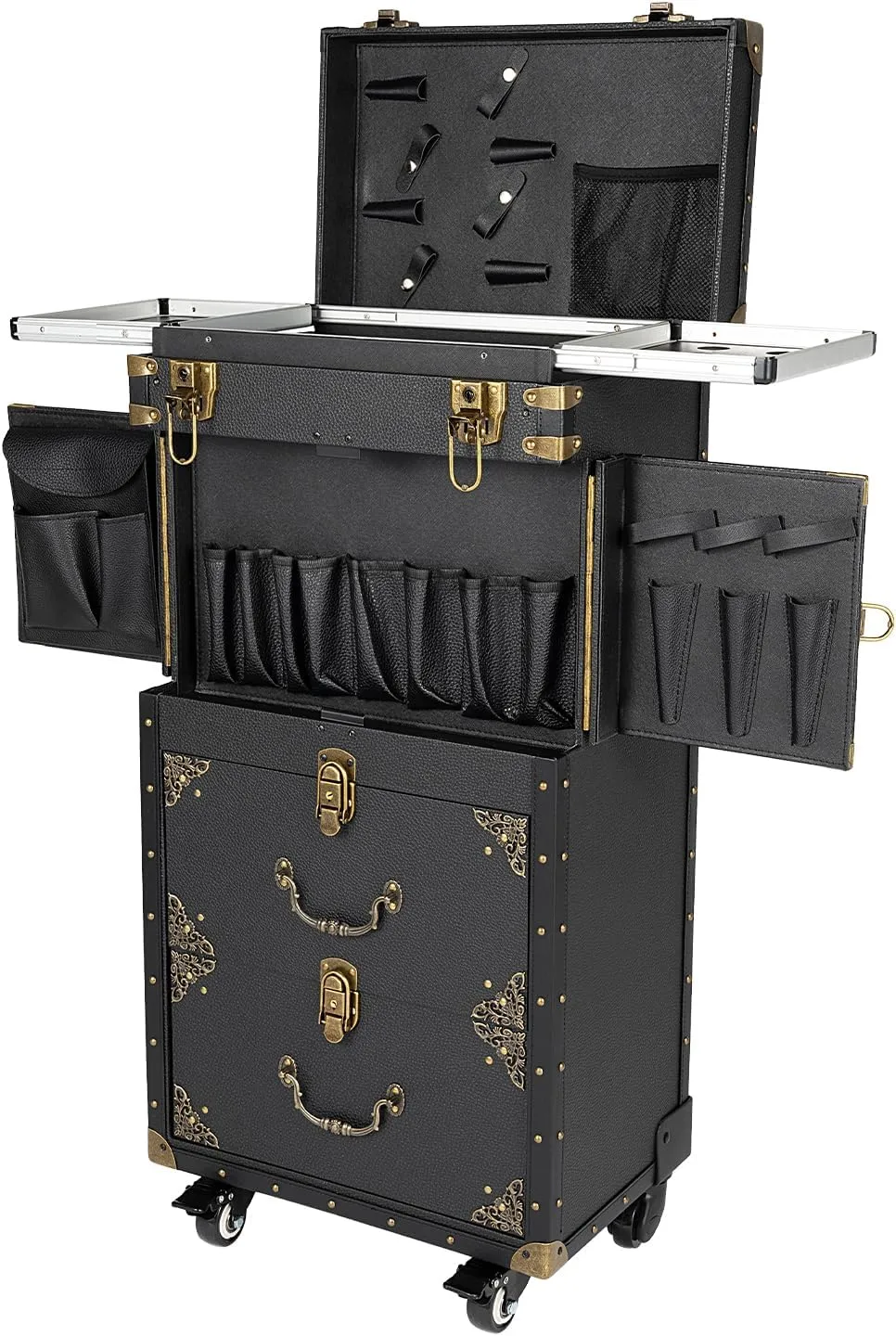Makeup Train Case,Rolling Lockable Makeup Beauty Salon Luggage Hairdressing Trolley Travel Organizer Tool Box with Combination Locks
