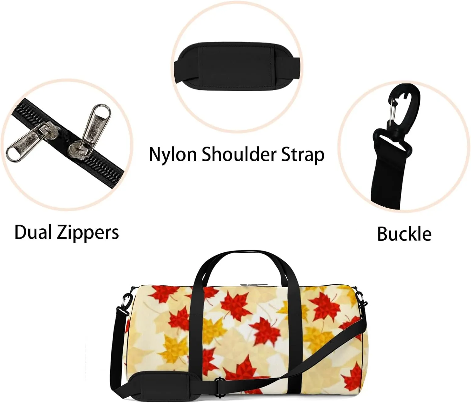 Maple Leaves Triangular Style Vector Illustration Sports Bag Tote Bag Waterproof Gym Bag with Shoulder Strap Zipper 2 Side Pockets for Men and Women, Travel and Storage Shoulder Bag.