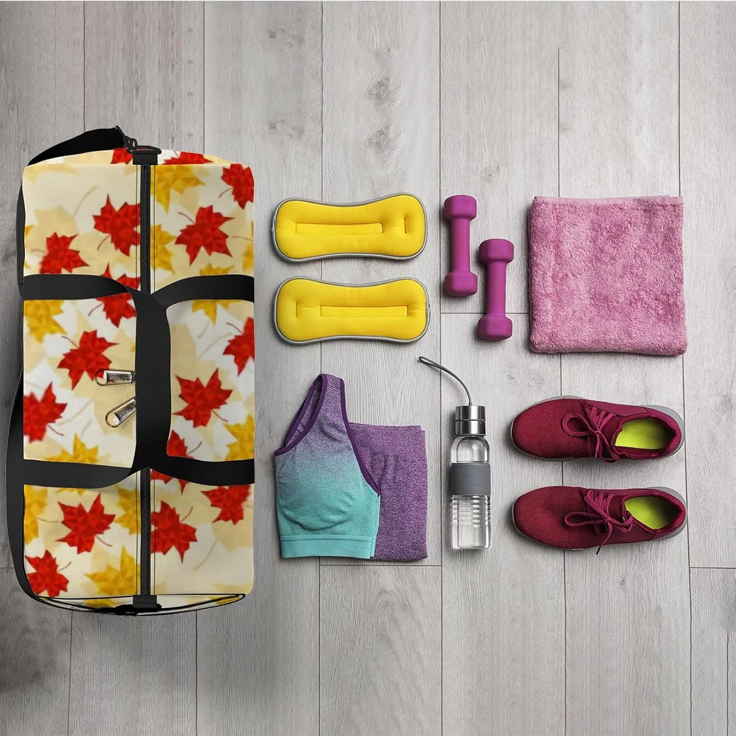 Maple Leaves Triangular Style Vector Illustration Sports Bag Tote Bag Waterproof Gym Bag with Shoulder Strap Zipper 2 Side Pockets for Men and Women, Travel and Storage Shoulder Bag.