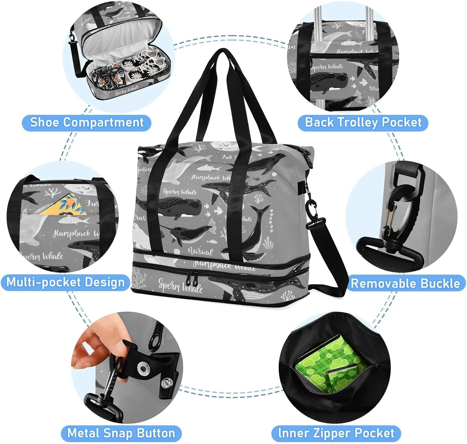 Marine Dolphin Killer Whale Narwhal Walrus Ocean Undersea Water Gym Duffel Bag, Polyester Travel Weekender Luggage Handbag with Waterproof Pocket for Wet Items, Unisex Foldable Tote for Sports