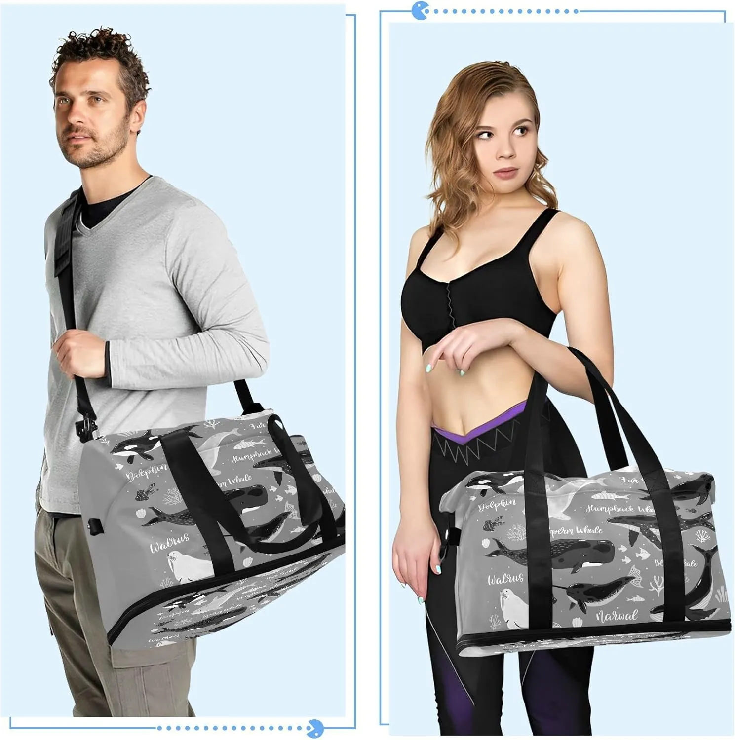 Marine Dolphin Killer Whale Narwhal Walrus Ocean Undersea Water Gym Duffel Bag, Polyester Travel Weekender Luggage Handbag with Waterproof Pocket for Wet Items, Unisex Foldable Tote for Sports