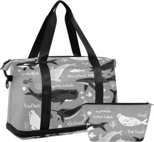 Marine Dolphin Killer Whale Narwhal Walrus Ocean Undersea Water Gym Duffel Bag, Polyester Travel Weekender Luggage Handbag with Waterproof Pocket for Wet Items, Unisex Foldable Tote for Sports