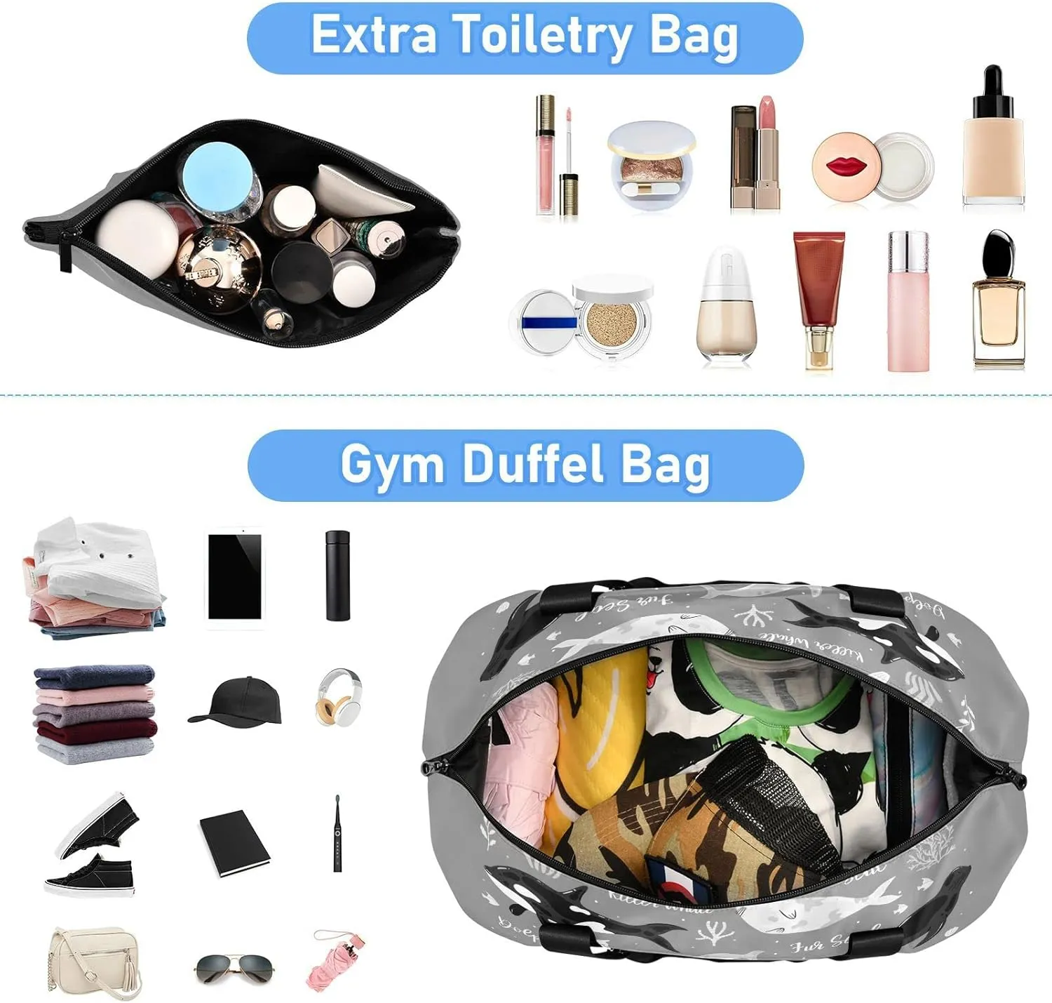 Marine Dolphin Killer Whale Narwhal Walrus Ocean Undersea Water Gym Duffel Bag, Polyester Travel Weekender Luggage Handbag with Waterproof Pocket for Wet Items, Unisex Foldable Tote for Sports
