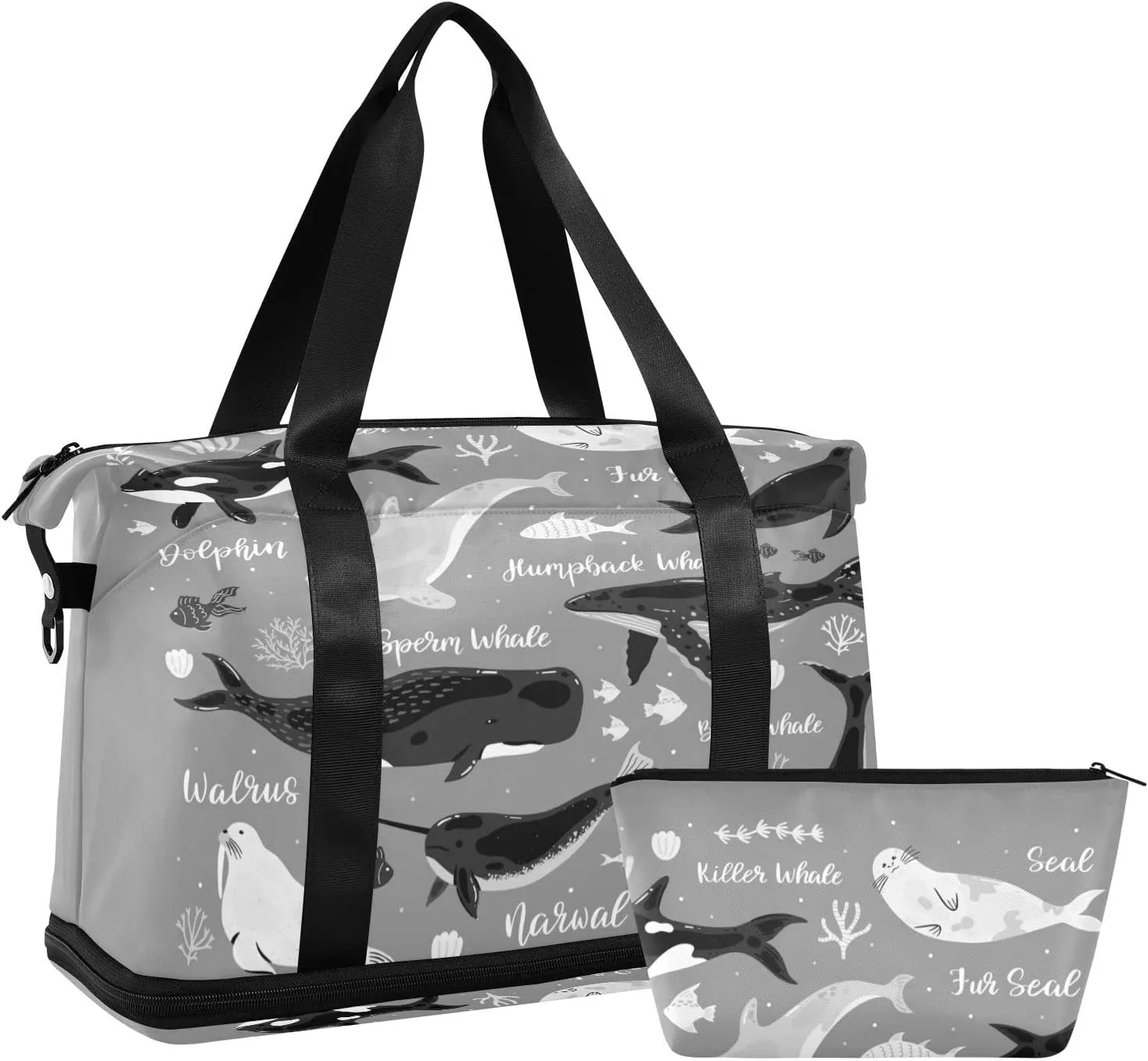 Marine Dolphin Killer Whale Narwhal Walrus Ocean Undersea Water Gym Duffel Bag, Polyester Travel Weekender Luggage Handbag with Waterproof Pocket for Wet Items, Unisex Foldable Tote for Sports