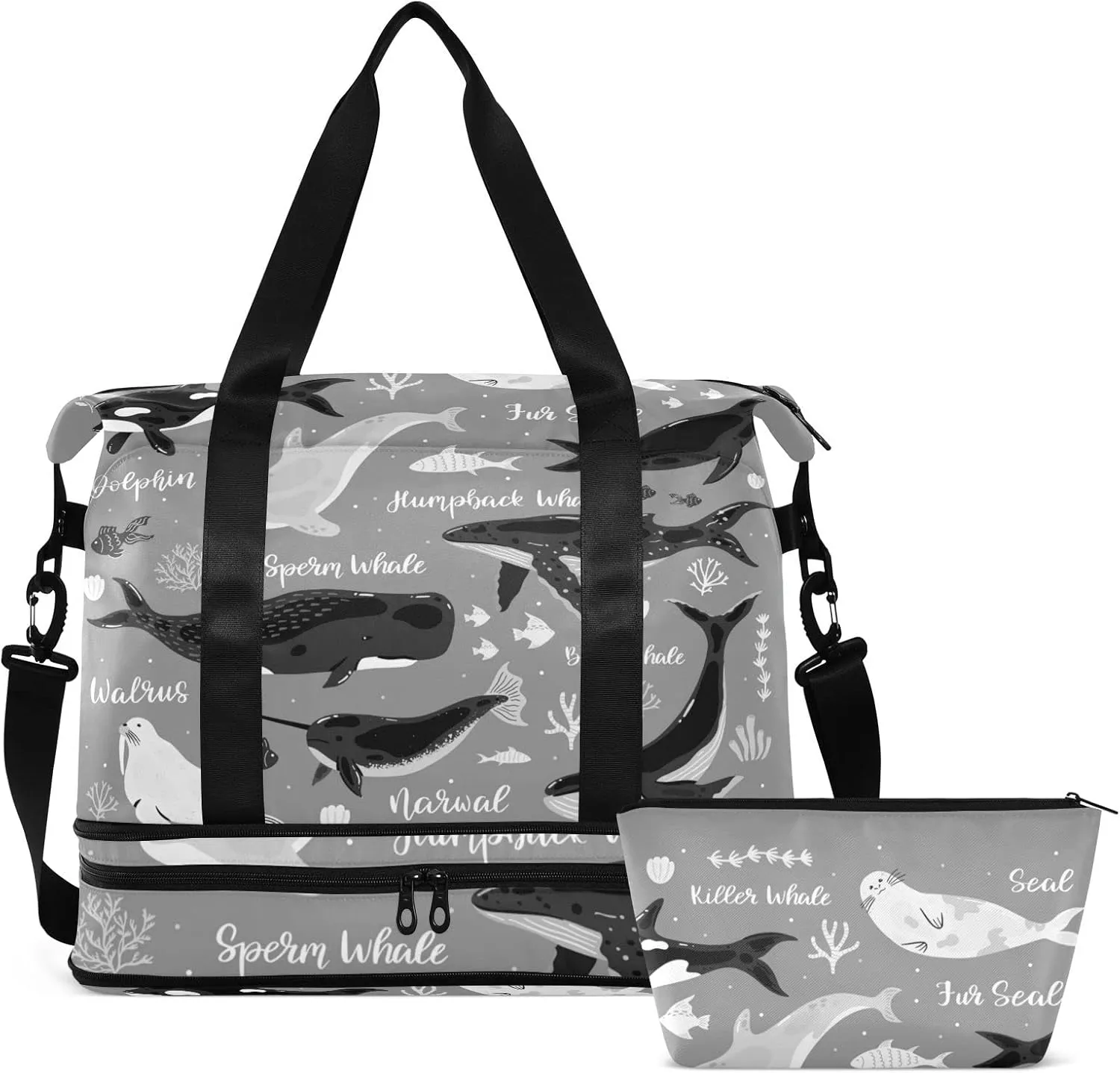 Marine Dolphin Killer Whale Narwhal Walrus Ocean Undersea Water Gym Duffel Bag, Polyester Travel Weekender Luggage Handbag with Waterproof Pocket for Wet Items, Unisex Foldable Tote for Sports