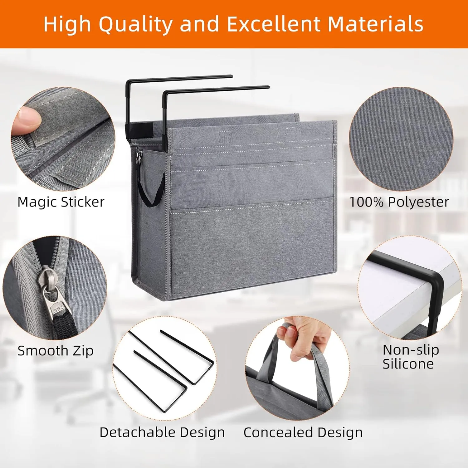 MASTLU Under Desk Hanging Storage Bag, Desk Organizer Storage, Office Side Storage Bag, Compatible with A4 Files, Detachable Handle Design, No Assembly Required, For Office Home School (Grey)