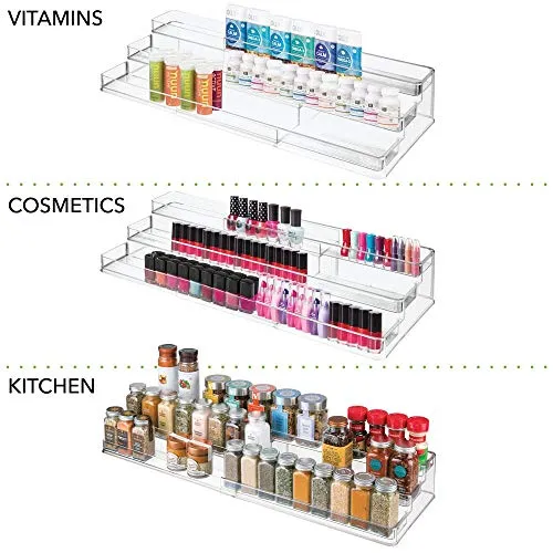 mDesign Large Plastic Adjustable, Expandable Kitchen Cabinet, Pantry, Step Shelf Organizer/Spice Rack with 3 Tiered Levels of Storage for Spice Bottles, Jars, Seasonings, Baking Supplies - Clear