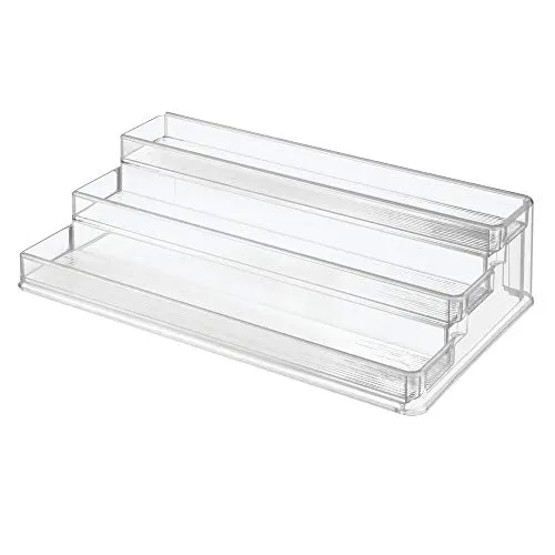 mDesign Large Plastic Adjustable, Expandable Kitchen Cabinet, Pantry, Step Shelf Organizer/Spice Rack with 3 Tiered Levels of Storage for Spice Bottles, Jars, Seasonings, Baking Supplies - Clear