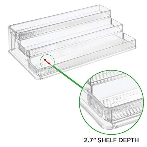 mDesign Large Plastic Adjustable, Expandable Kitchen Cabinet, Pantry, Step Shelf Organizer/Spice Rack with 3 Tiered Levels of Storage for Spice Bottles, Jars, Seasonings, Baking Supplies - Clear