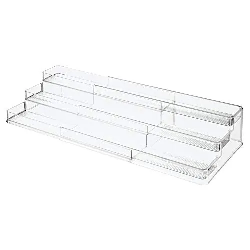 mDesign Large Plastic Adjustable, Expandable Kitchen Cabinet, Pantry, Step Shelf Organizer/Spice Rack with 3 Tiered Levels of Storage for Spice Bottles, Jars, Seasonings, Baking Supplies - Clear