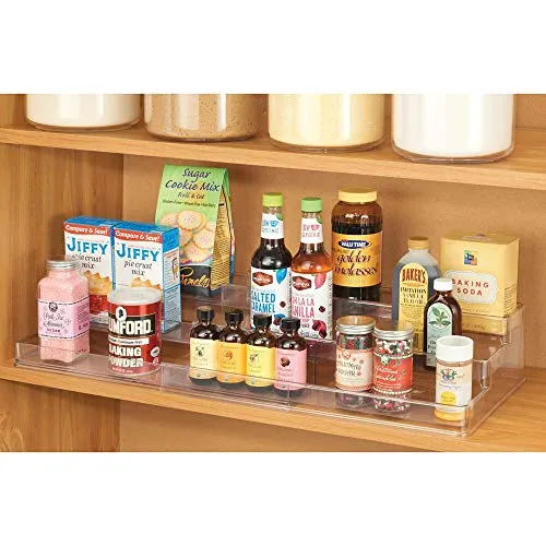 mDesign Large Plastic Adjustable, Expandable Kitchen Cabinet, Pantry, Step Shelf Organizer/Spice Rack with 3 Tiered Levels of Storage for Spice Bottles, Jars, Seasonings, Baking Supplies - Clear