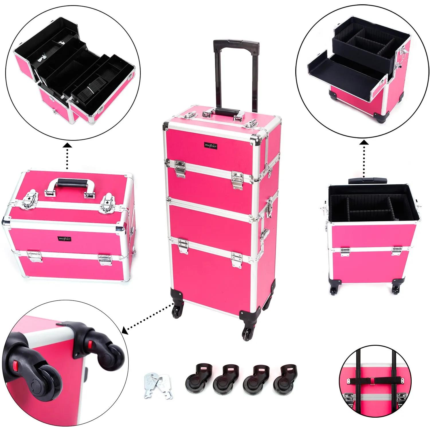 mefeir 2 in 1 Rolling Makeup Train Case, Aluminum Makeup Travel Organizer Cosmetic Case, Cosmetology Display Suitcase on Wheels, Beauty Storage Luggage Lockable w/4 Removable Wheels (Rose-Pink)
