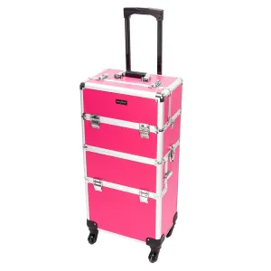 mefeir 2 in 1 Rolling Makeup Train Case, Aluminum Makeup Travel Organizer Cosmetic Case, Cosmetology Display Suitcase on Wheels, Beauty Storage Luggage Lockable w/4 Removable Wheels (Rose-Pink)