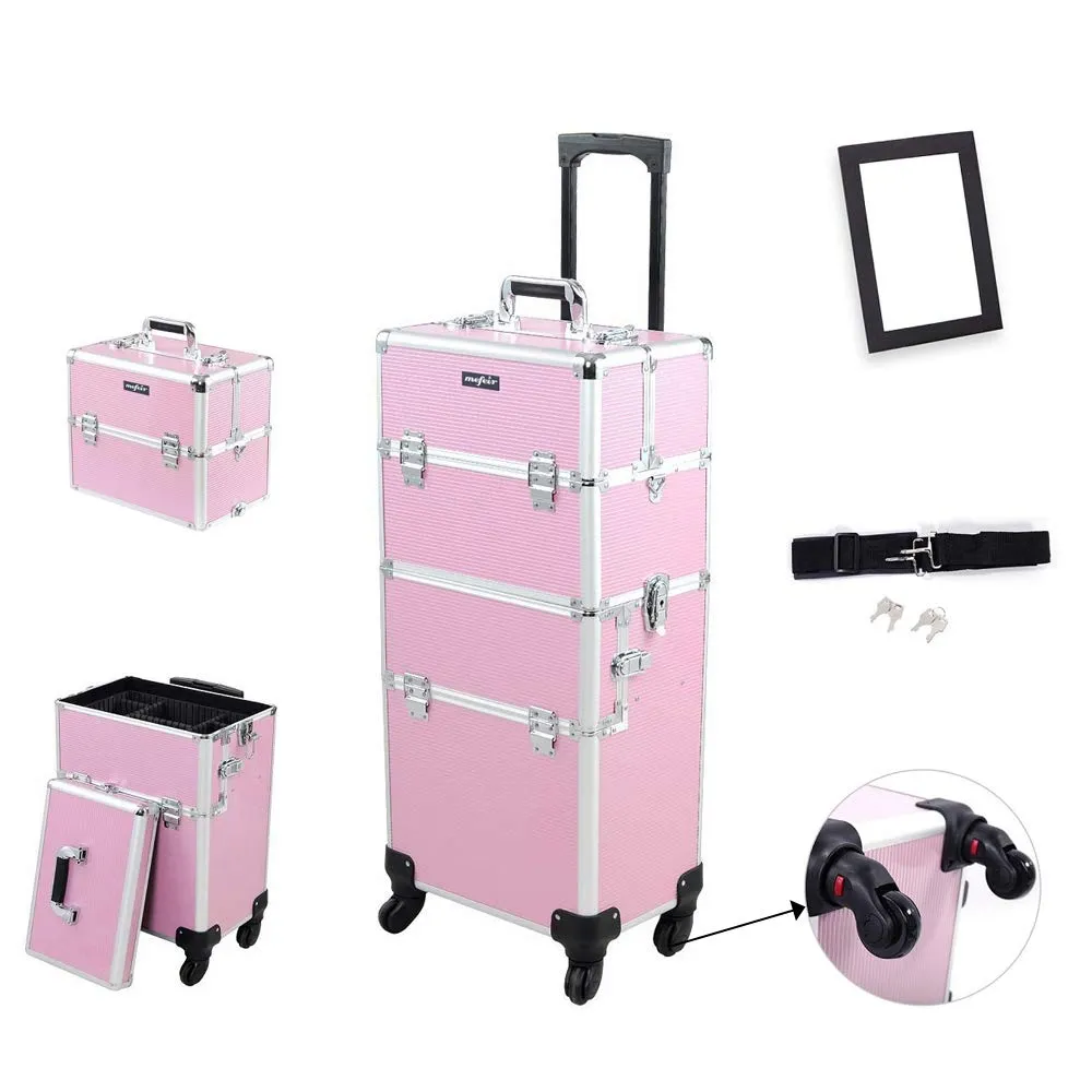 mefeir 2 in 1 Rolling Makeup Train Case, Makeup Travel Organizer Cosmetology Case, Aluminum Cosmetic Display Suitcase on Wheels, Beauty Storage Luggage Lockable w/4 Removable Wheels (Pink)