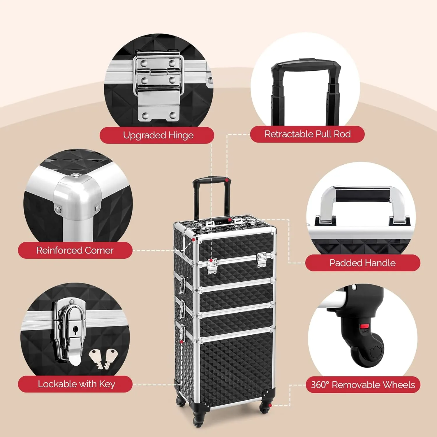 mefeir 4-in-1 Rolling Makeup Train Case Lift Handle,4 Removable Wheels Lockable Keys,Aluminum Cosmetic Trolley Beauty Stylist Artist Organizer Box,Ideal Xmas New Year Gift (Diamond Black)