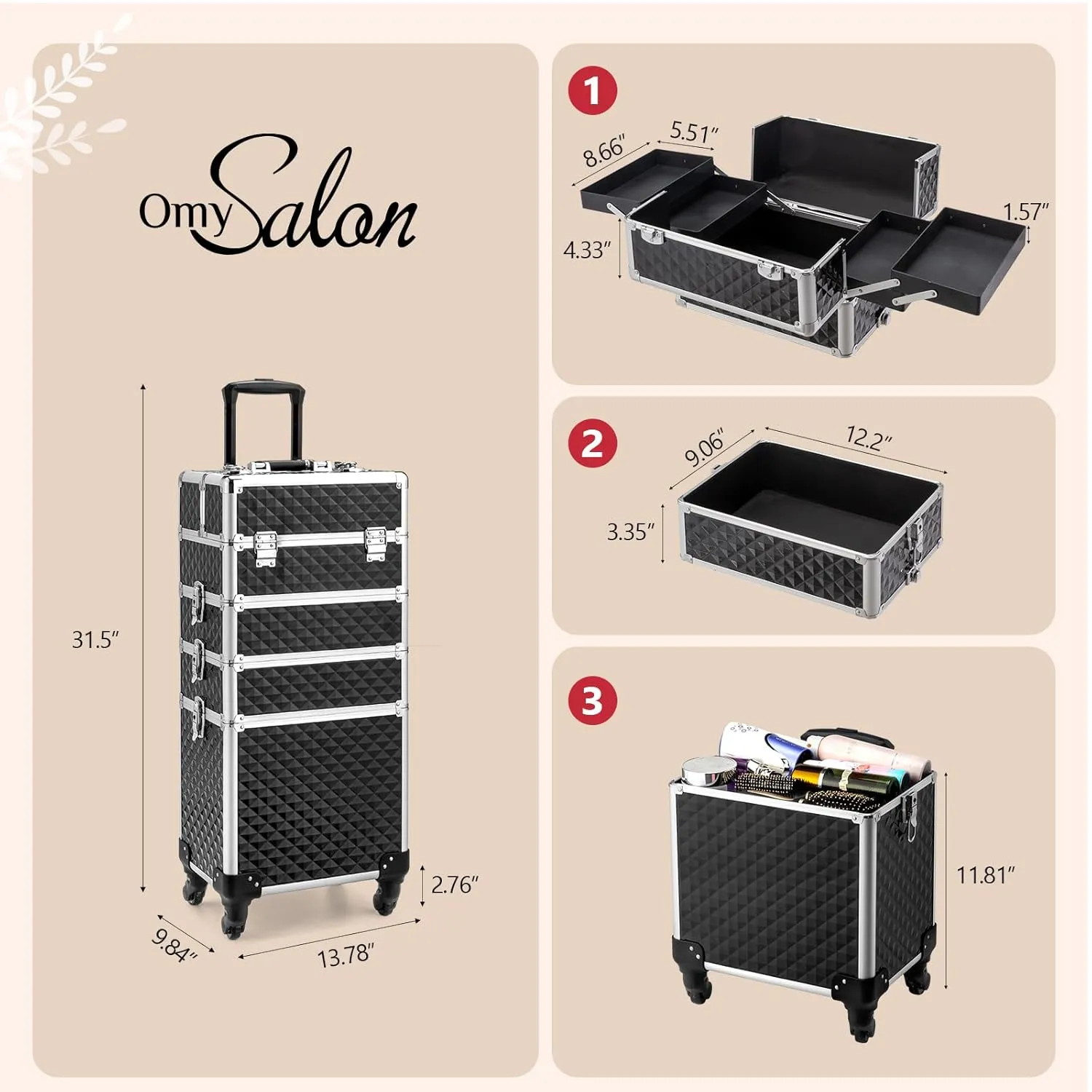 mefeir 4-in-1 Rolling Makeup Train Case Lift Handle,4 Removable Wheels Lockable Keys,Aluminum Cosmetic Trolley Beauty Stylist Artist Organizer Box,Ideal Xmas New Year Gift (Diamond Black)