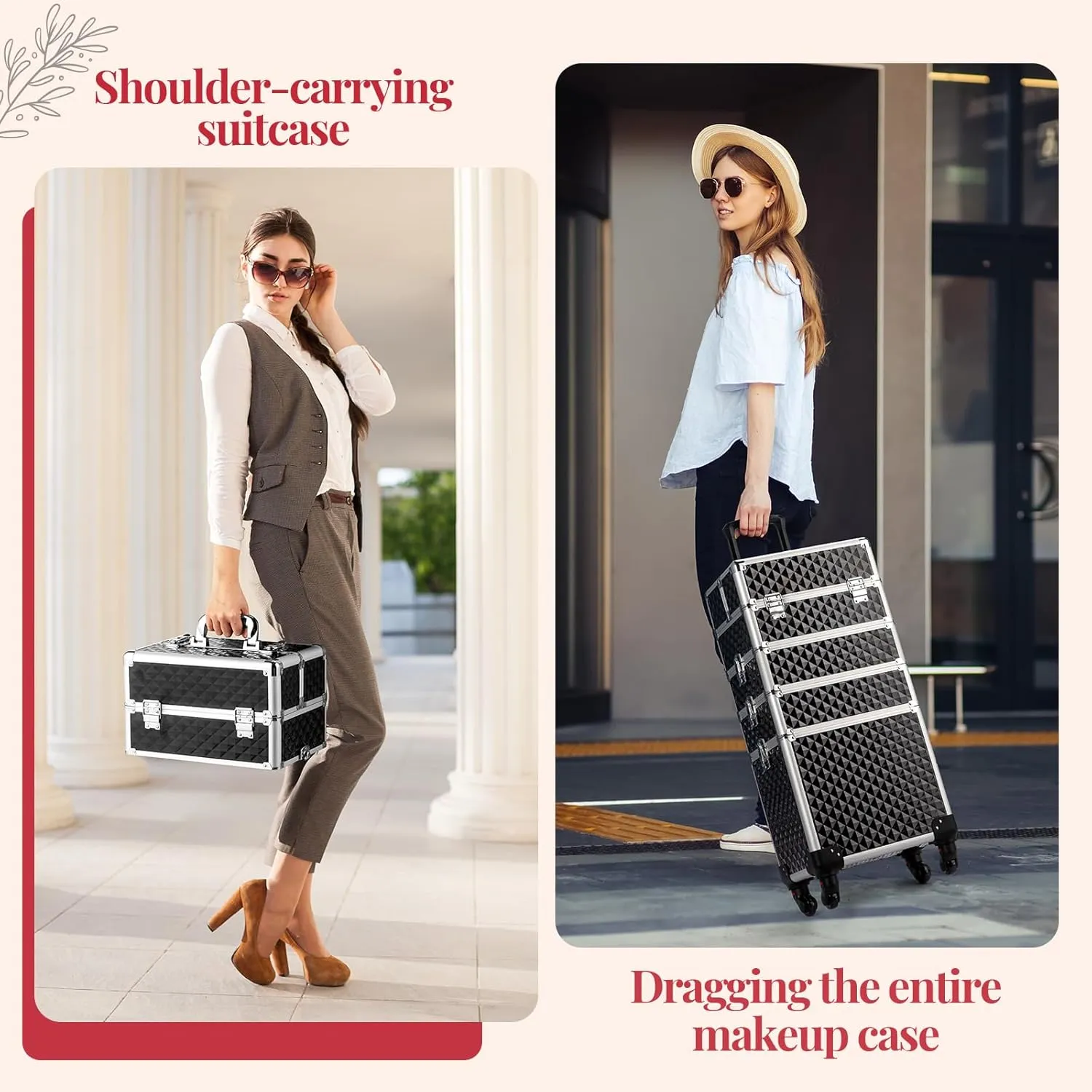 mefeir 4-in-1 Rolling Makeup Train Case Lift Handle,4 Removable Wheels Lockable Keys,Aluminum Cosmetic Trolley Beauty Stylist Artist Organizer Box,Ideal Xmas New Year Gift (Diamond Black)