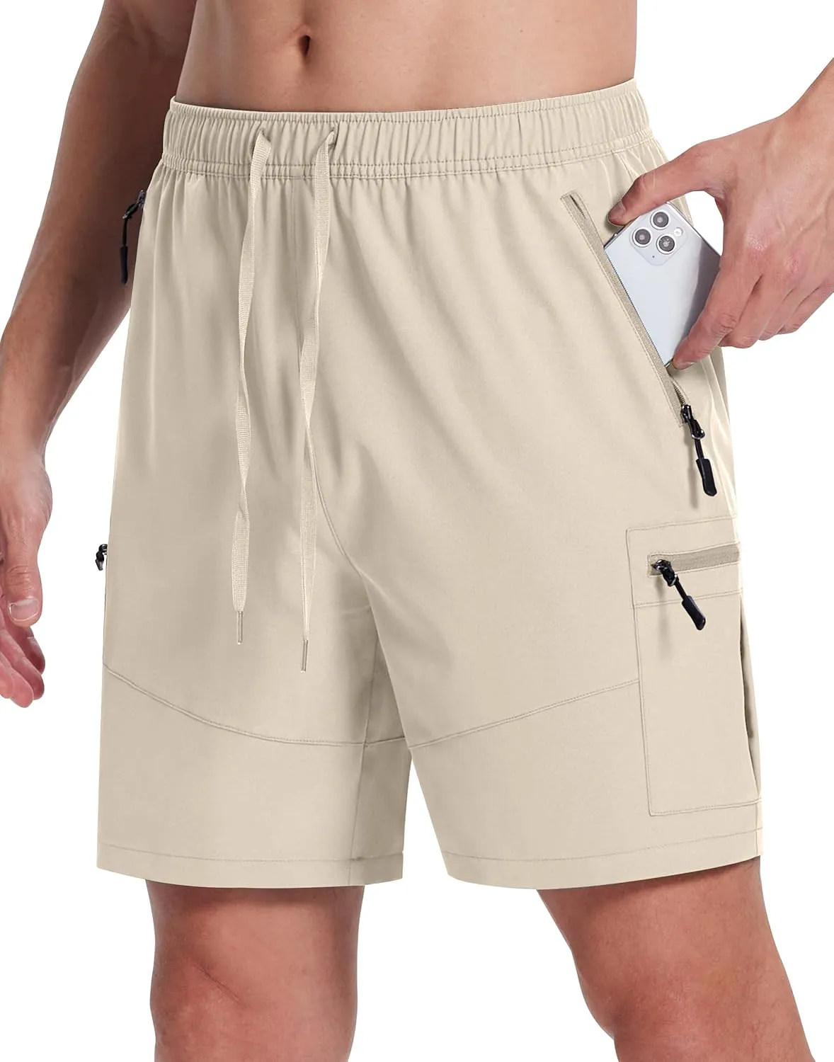 Mens Hiking Cargo Shorts with Zipper Pockets 7" Quick Dry Lightweight Drawstring Shorts for Summer Outdoor Golf Casual