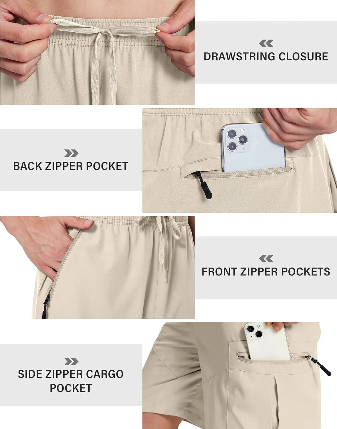 Mens Hiking Cargo Shorts with Zipper Pockets 7" Quick Dry Lightweight Drawstring Shorts for Summer Outdoor Golf Casual