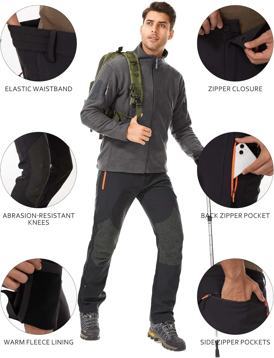 Men's Hiking Tactical Pants Lightweight Snow Ski Outdoor Waterproof Softshell Windproof Winter Fleece Lined Cargo