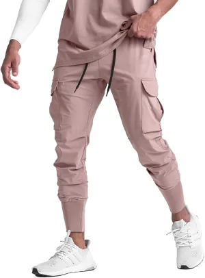 Men's Lightweight Cargo High Rib Jogger Slim Fit Workout Pants with Zip Pockets
