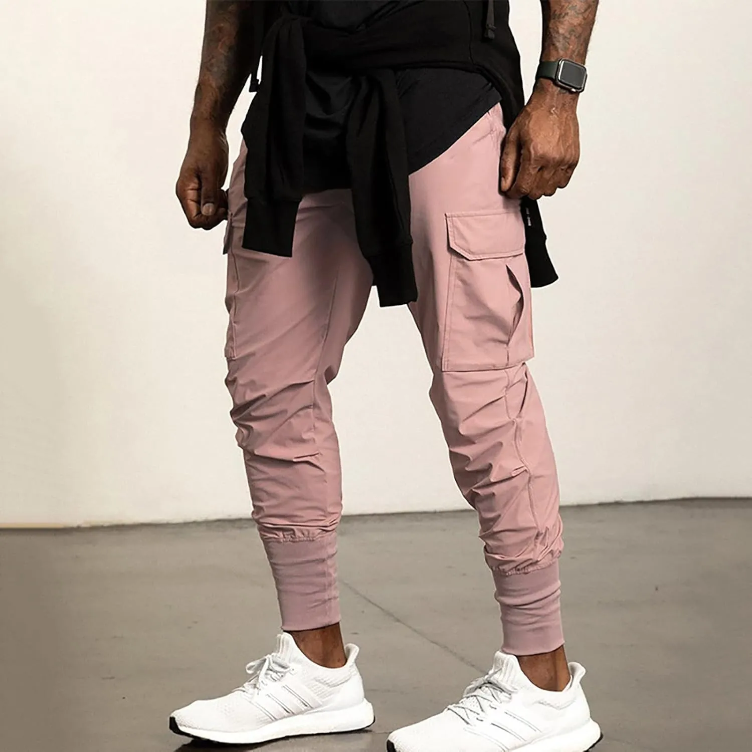 Men's Lightweight Cargo High Rib Jogger Slim Fit Workout Pants with Zip Pockets