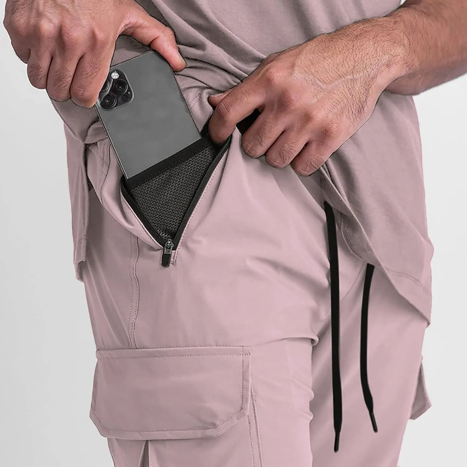 Men's Lightweight Cargo High Rib Jogger Slim Fit Workout Pants with Zip Pockets