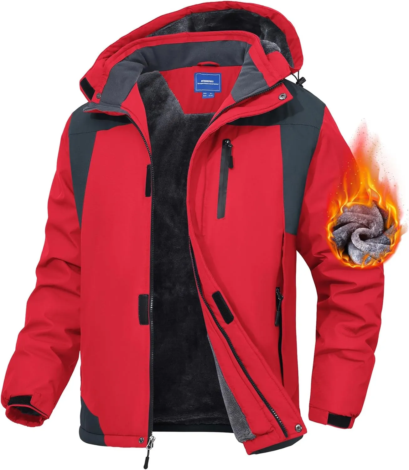 Men's Mountain Ski Jacket Waterproof Fleece Liner Snow Coat Warm Winter Windproof Hooded Raincoat