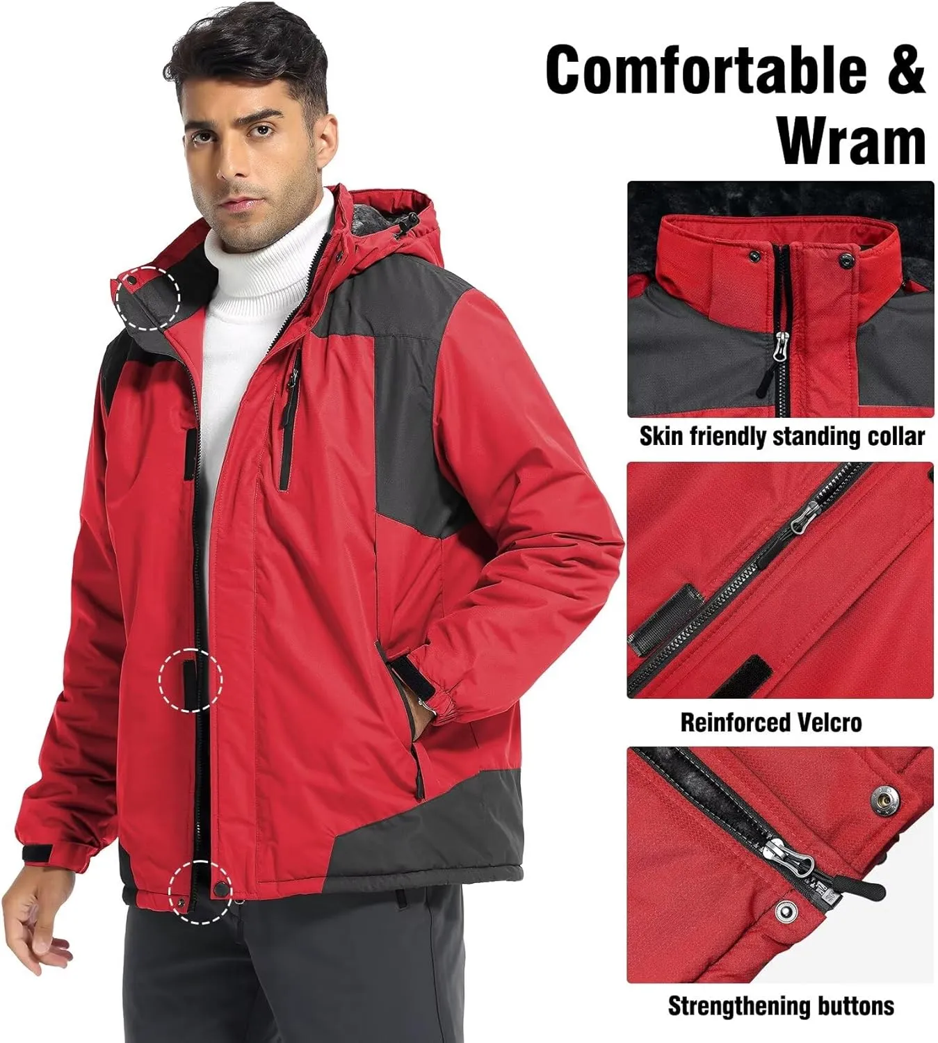 Men's Mountain Ski Jacket Waterproof Fleece Liner Snow Coat Warm Winter Windproof Hooded Raincoat