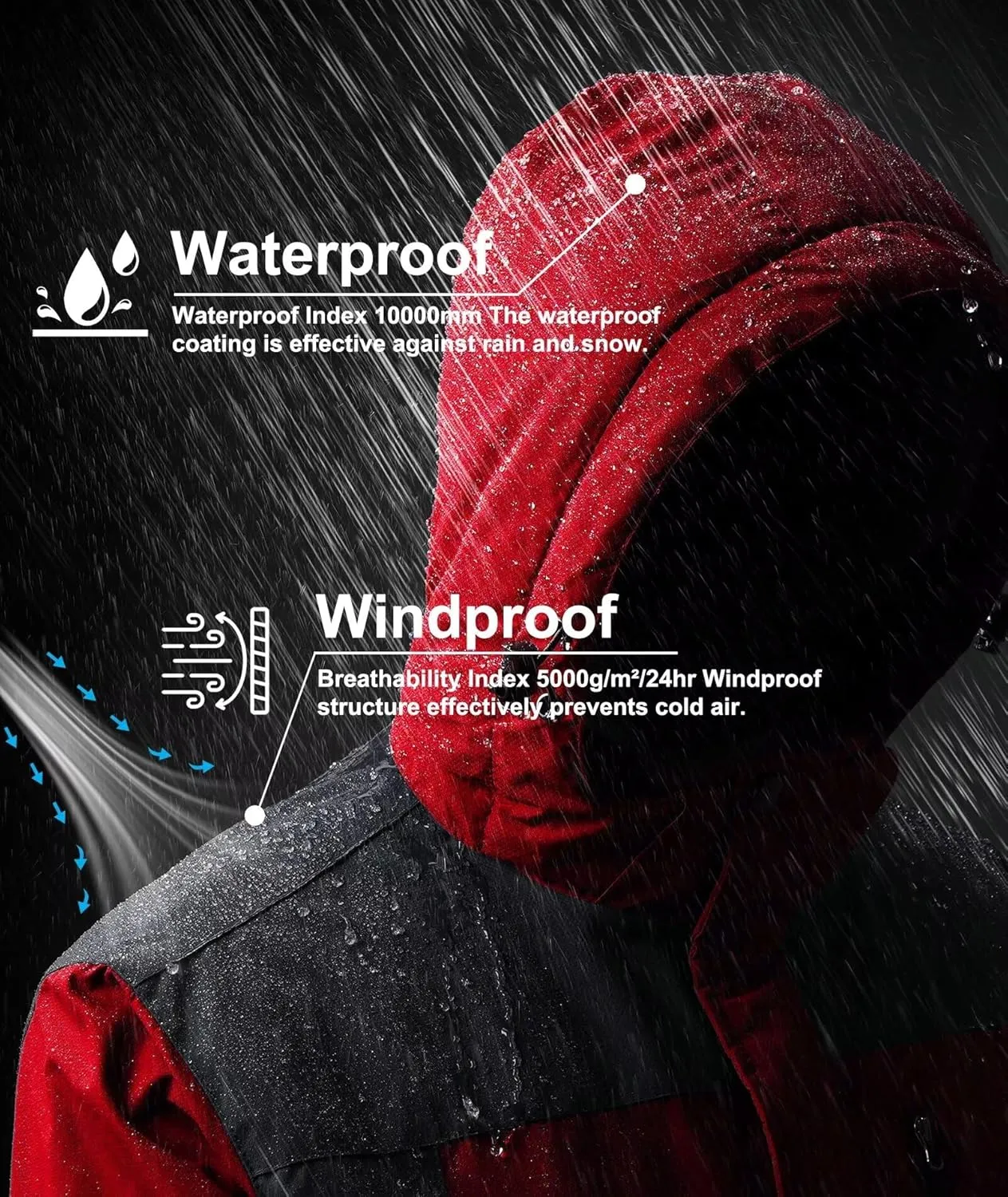 Men's Mountain Ski Jacket Waterproof Fleece Liner Snow Coat Warm Winter Windproof Hooded Raincoat