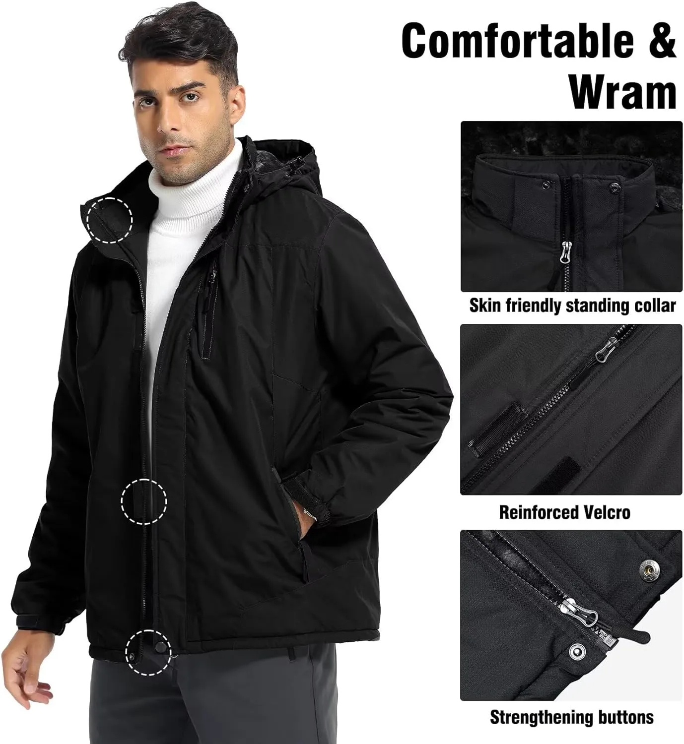 Men's Mountain Ski Jacket Waterproof Fleece Liner Snow Coat Warm Winter Windproof Hooded Raincoat
