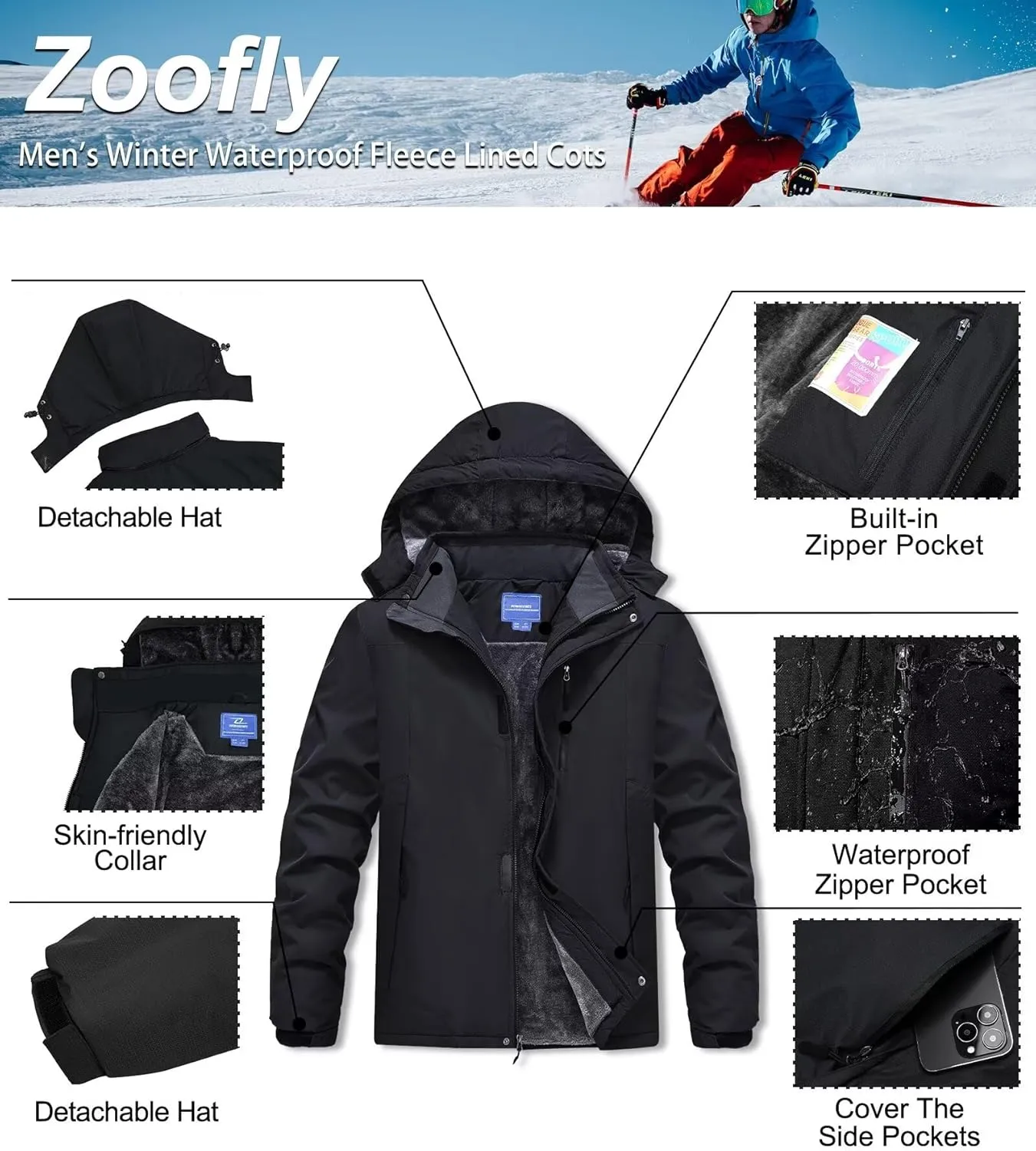 Men's Mountain Ski Jacket Waterproof Fleece Liner Snow Coat Warm Winter Windproof Hooded Raincoat