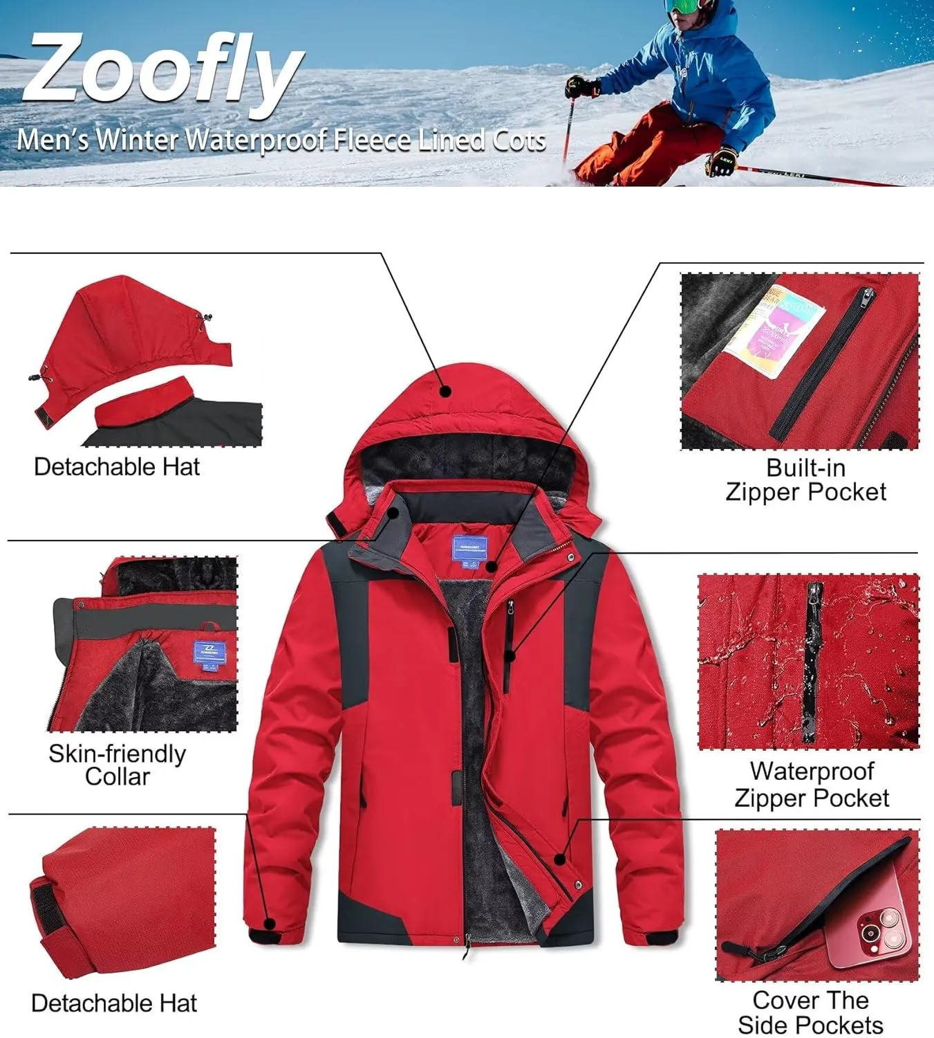 Men's Mountain Ski Jacket Waterproof Fleece Liner Snow Coat Warm Winter Windproof Hooded Raincoat