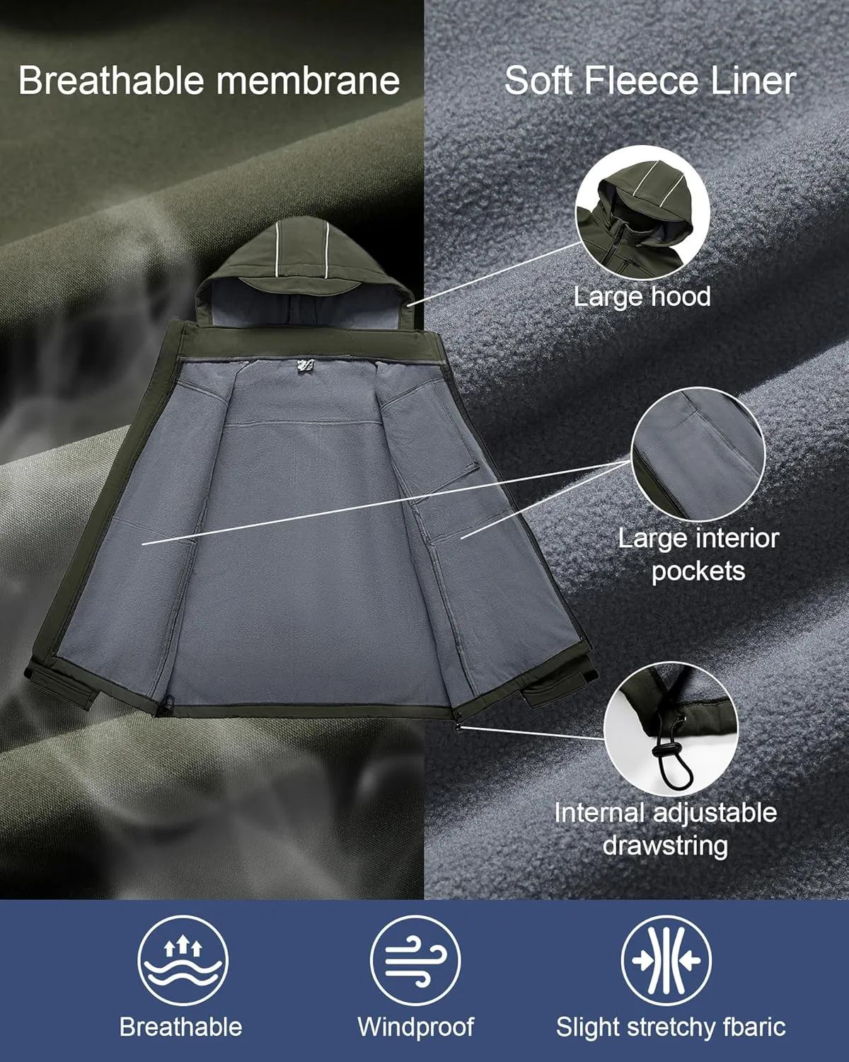 Men's Soft Shell Jacket Waterproof Military Tactical Coat Winter Fleece Lined Rain Jacket with Detachable Hood