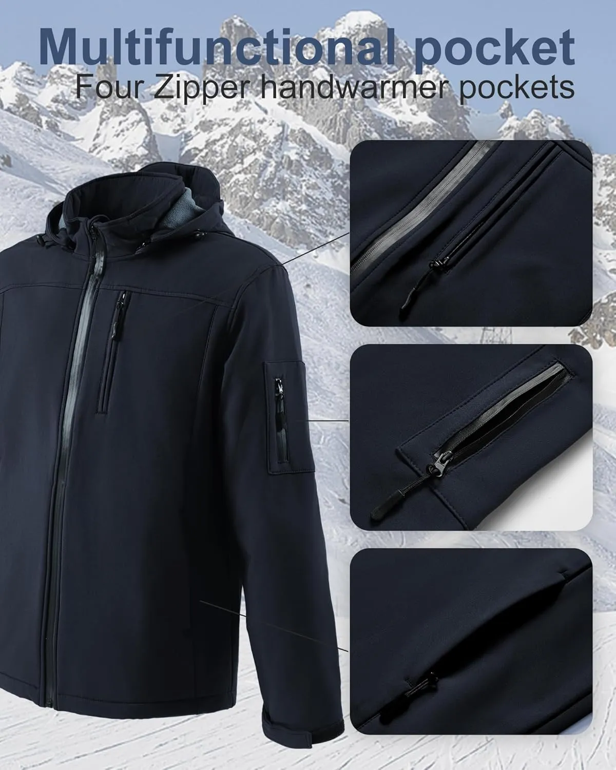 Men's Soft Shell Jacket Waterproof Military Tactical Coat Winter Fleece Lined Rain Jacket with Detachable Hood