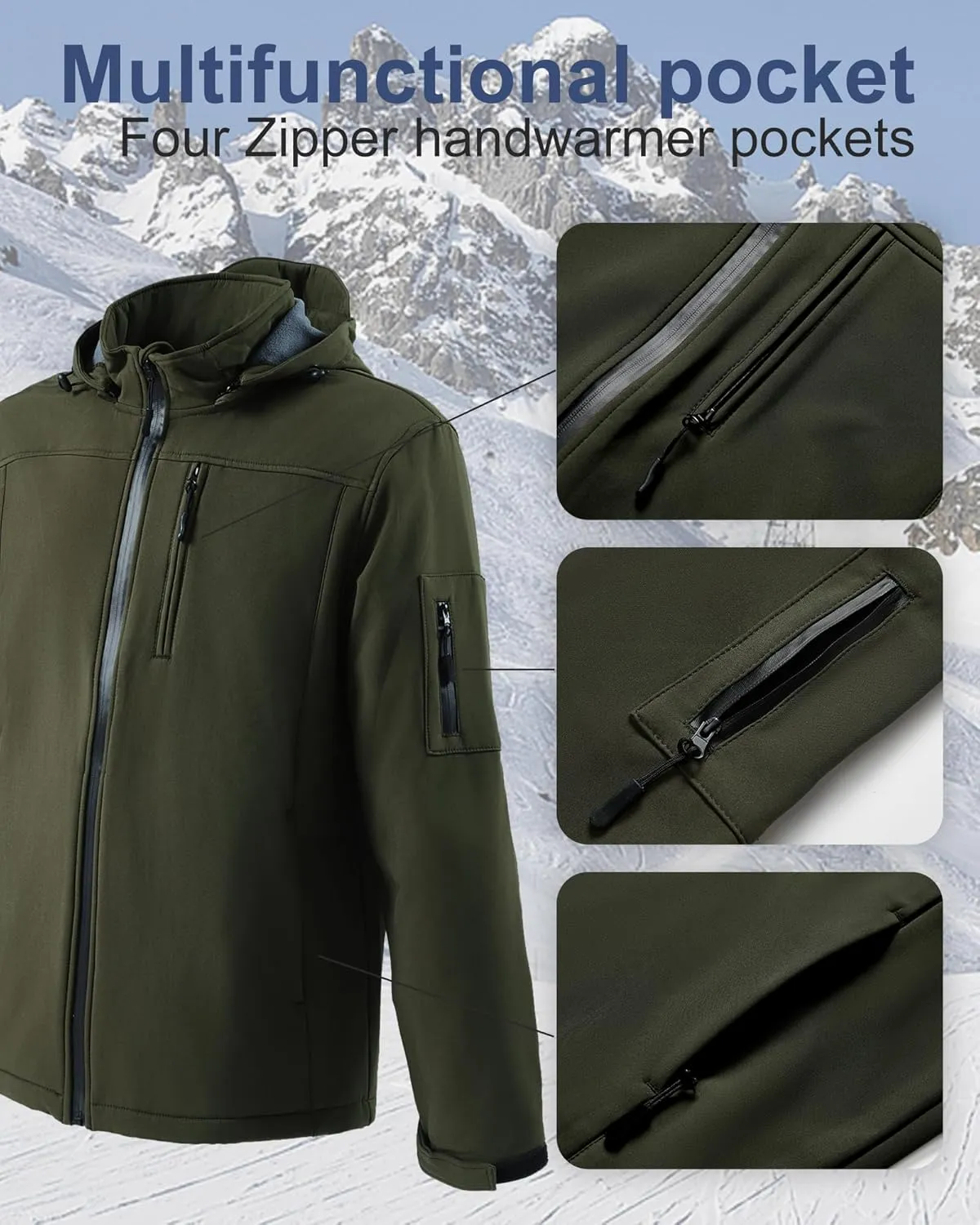 Men's Soft Shell Jacket Waterproof Military Tactical Coat Winter Fleece Lined Rain Jacket with Detachable Hood