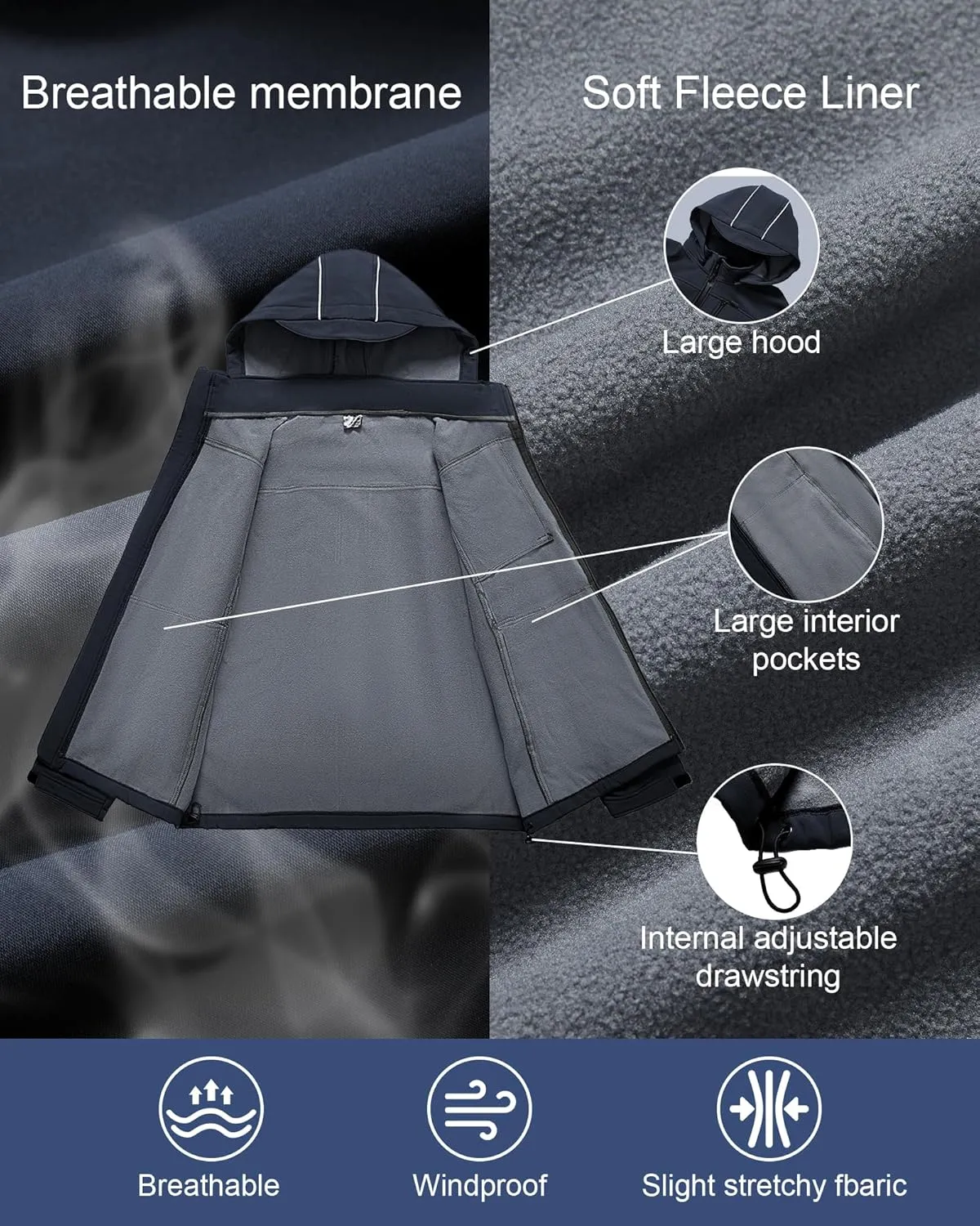 Men's Soft Shell Jacket Waterproof Military Tactical Coat Winter Fleece Lined Rain Jacket with Detachable Hood