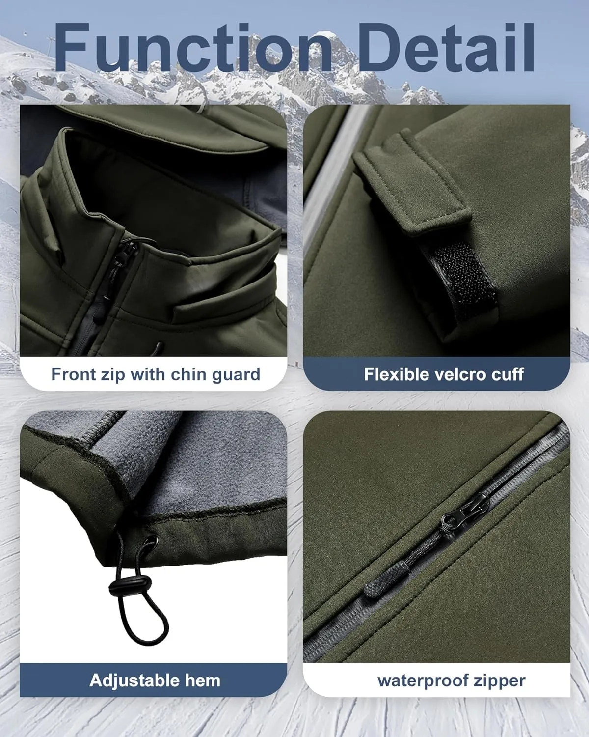 Men's Soft Shell Jacket Waterproof Military Tactical Coat Winter Fleece Lined Rain Jacket with Detachable Hood