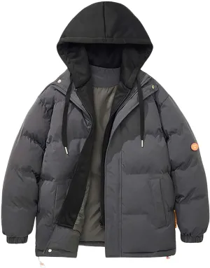 Mens Warm Puffer Jacket Warm Thick Full Zipper Waterproof Down Coats Winter Outdoor Skiing Coat with Detachable Hood