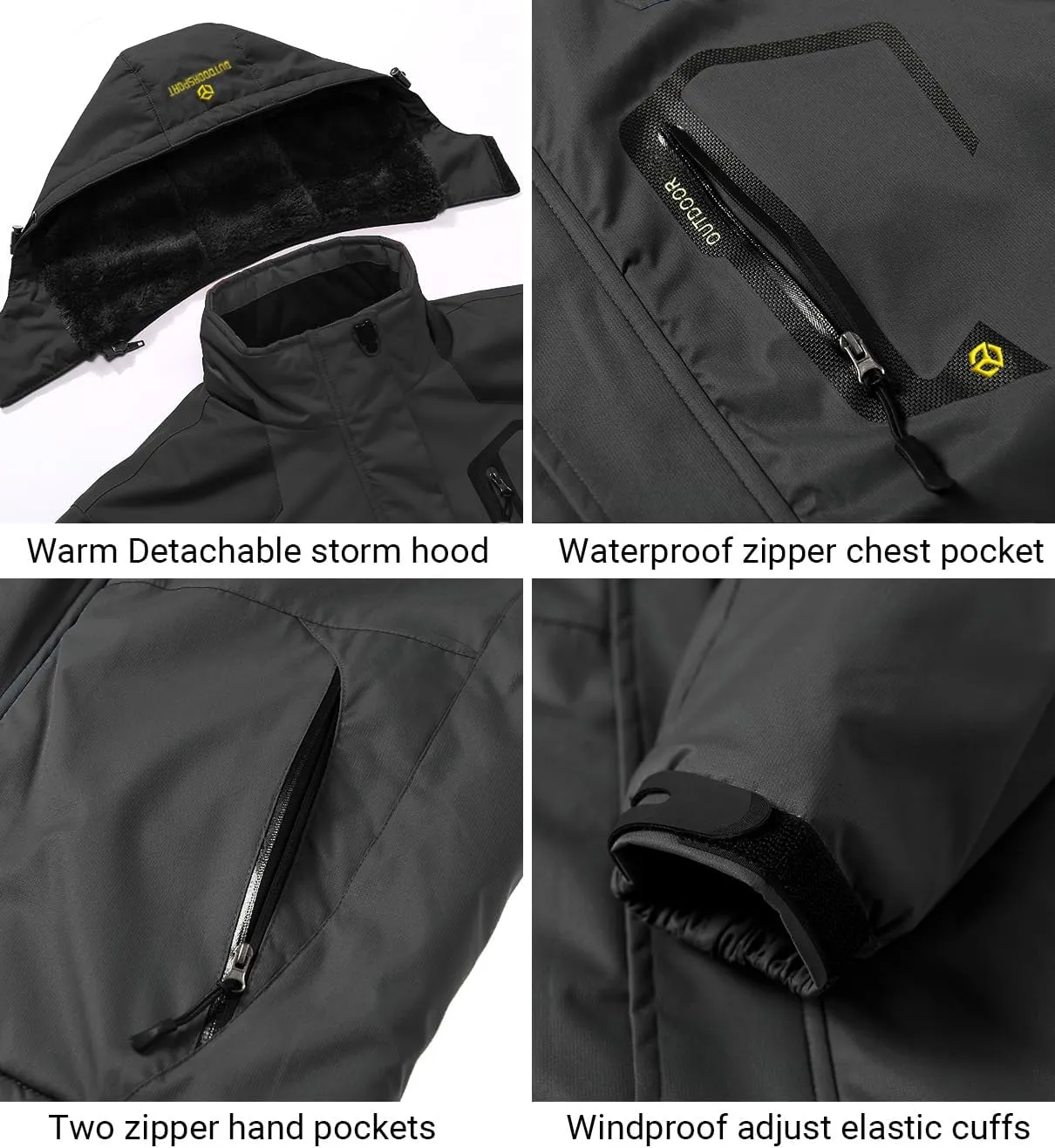 Men's Winter Ski Jacket Warm Fleece Waterproof Outdoor Mountain Hiking Windbreaker Hooded Snow Rain Coat