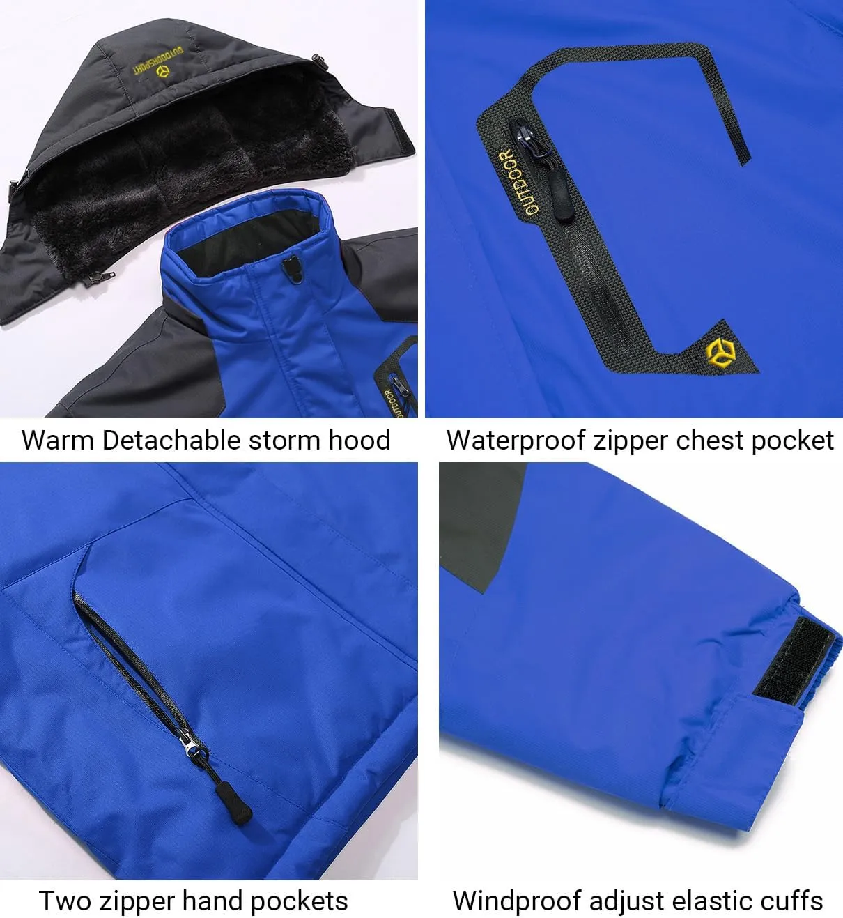 Men's Winter Ski Jacket Warm Fleece Waterproof Outdoor Mountain Hiking Windbreaker Hooded Snow Rain Coat