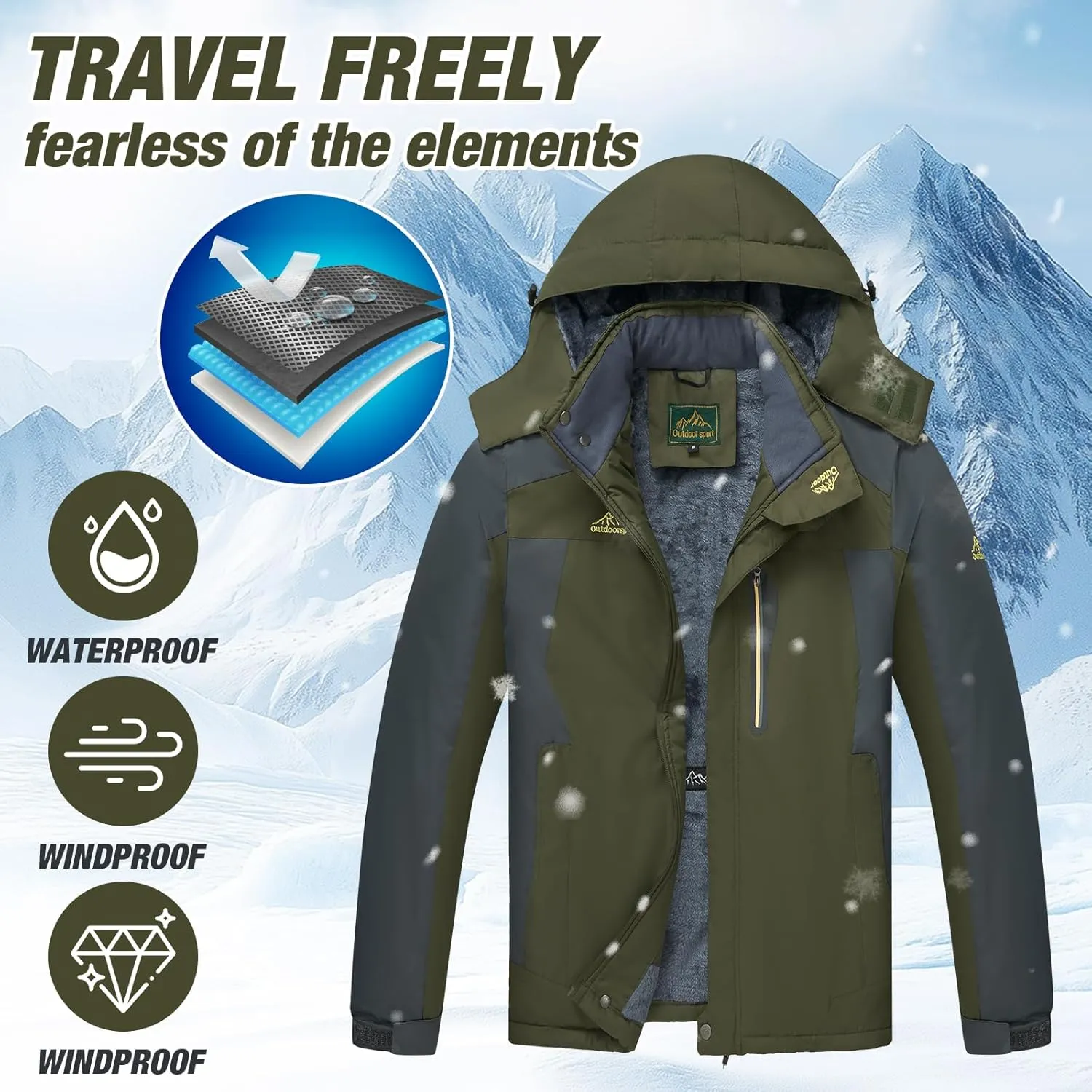 Men's Winter Ski Jacket Warm Waterproof Fleece Liner Snow Coat Hooded Windproof Mountain Raincoat