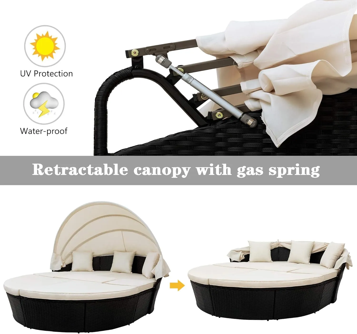 Merax All-Weather Outdoor Sectional Sofa Conversation Set Rattan Round Daybed Sunbed with Retractable Canopy and Removable Cushions (Beige)