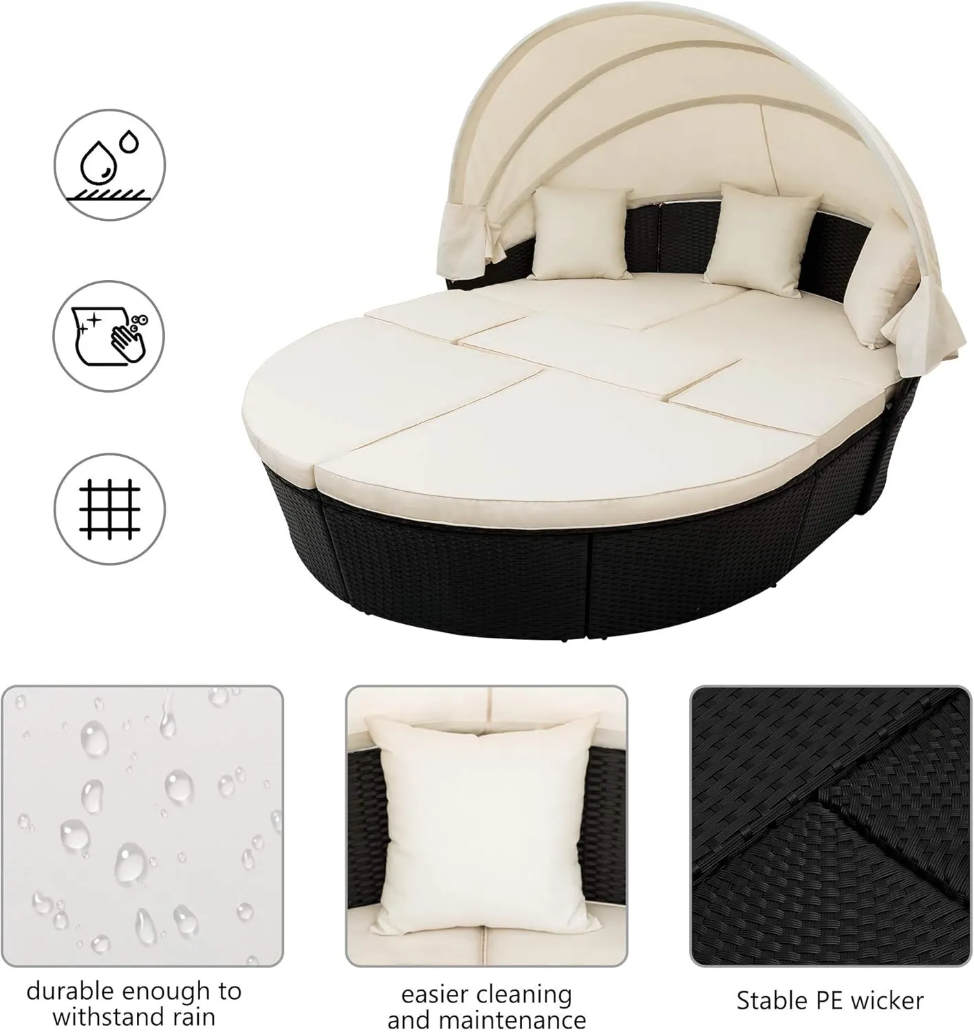 Merax All-Weather Outdoor Sectional Sofa Conversation Set Rattan Round Daybed Sunbed with Retractable Canopy and Removable Cushions (Beige)