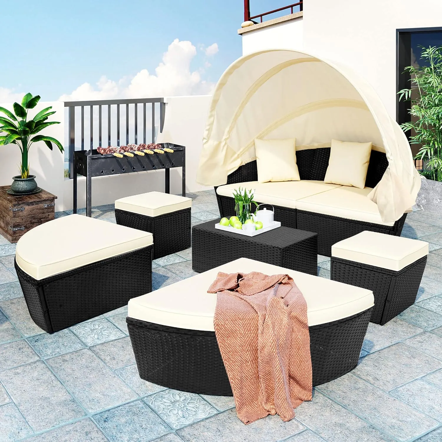 Merax All-Weather Outdoor Sectional Sofa Conversation Set Rattan Round Daybed Sunbed with Retractable Canopy and Removable Cushions (Beige)