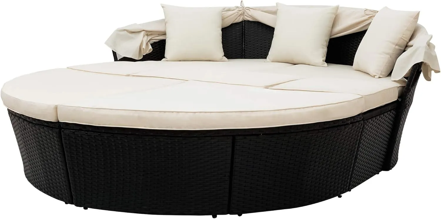 Merax All-Weather Outdoor Sectional Sofa Conversation Set Rattan Round Daybed Sunbed with Retractable Canopy and Removable Cushions (Beige)