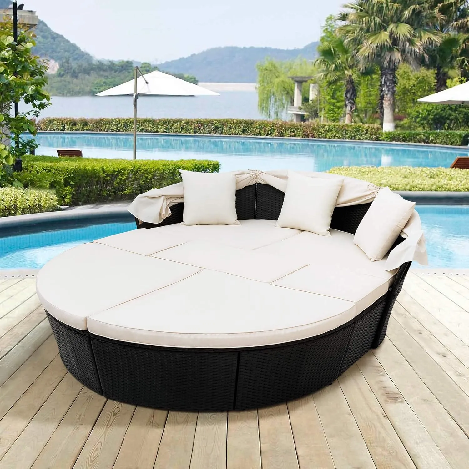 Merax All-Weather Outdoor Sectional Sofa Conversation Set Rattan Round Daybed Sunbed with Retractable Canopy and Removable Cushions (Beige)