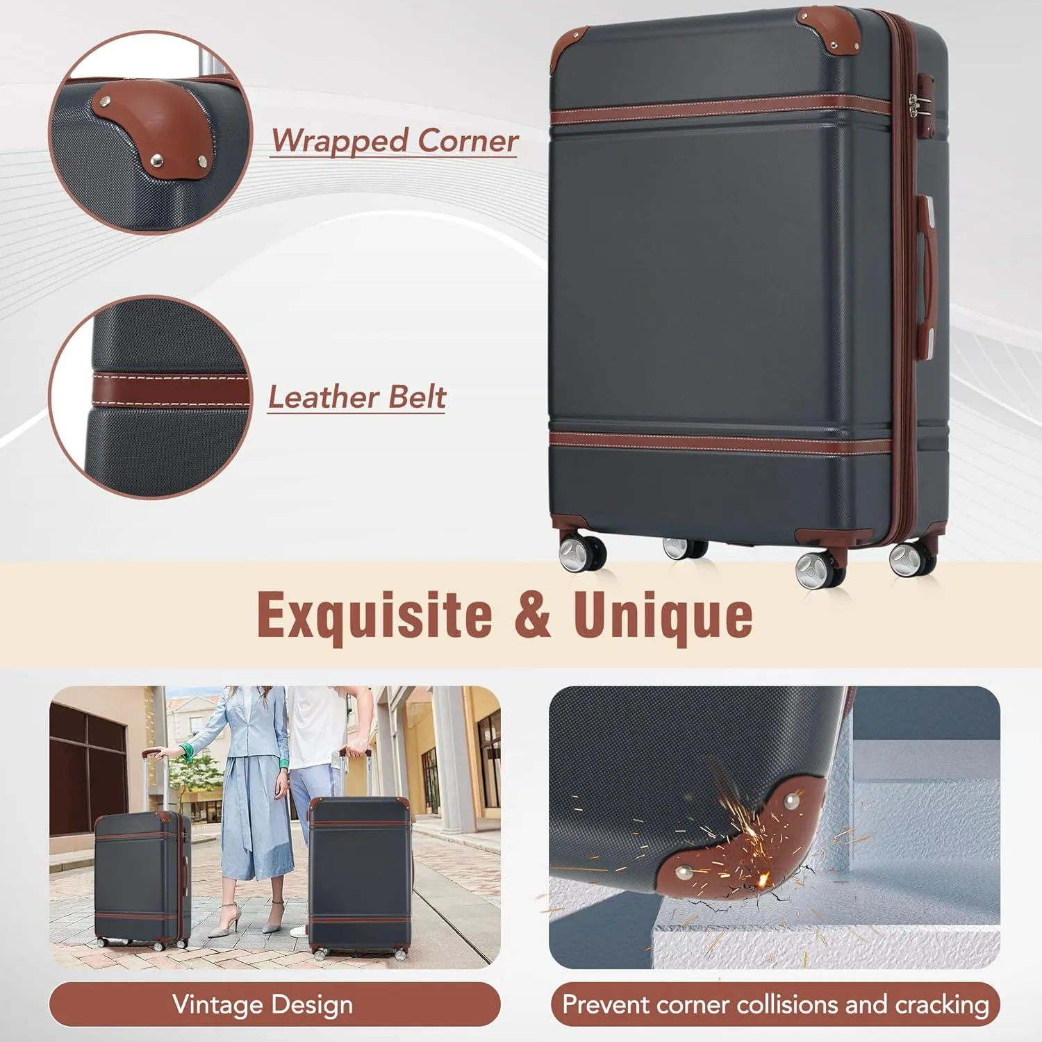 Merax Luggage Set 2 Piece Suitcase Set with Cosmetic Case Expandable Spinner Wheels Vintage Luggage Sets(Black,20" 24")