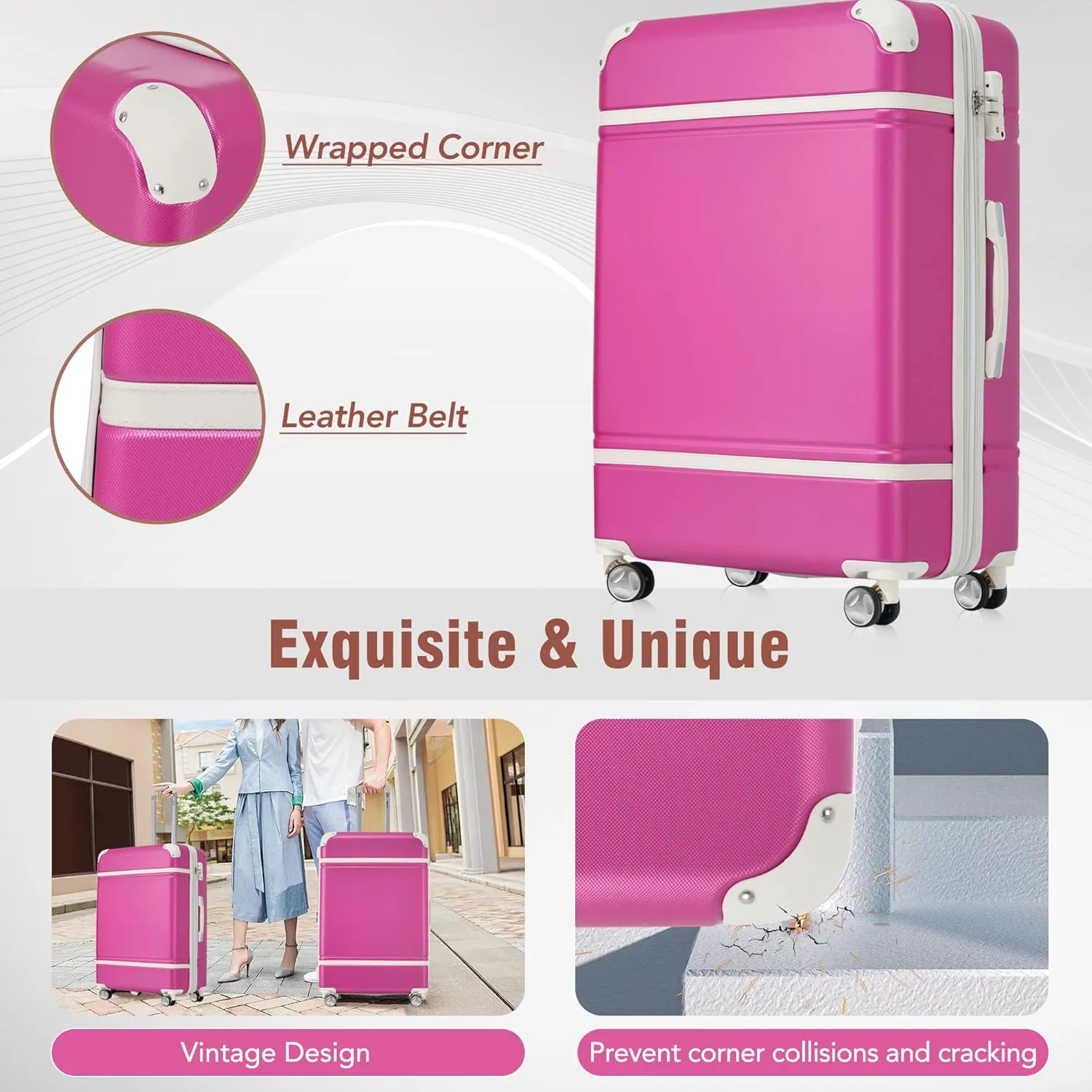 Merax Luggage Set 2 Piece Suitcase Set with Cosmetic Case Expandable Spinner Wheels Vintage Luggage Sets(Pink,20" 28")