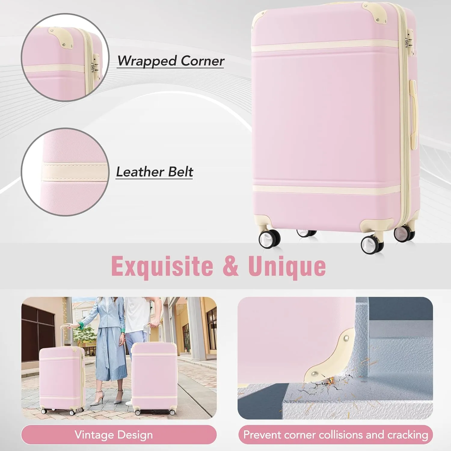 Merax Luggage Set 3 Piece Suitcase Set with Cosmetic Case Expandable Spinner Wheels Vintage Luggage Sets(Light Pink,20" 24" 28")